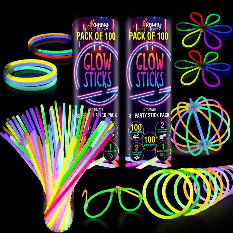 Ammy Glow Glow Sticks Bulk Party Pack, 205 Pcs Kit with Connectors & Glasses for Kids, LED Neon Glow in the Dark Party Supplies for Birthdays & Events