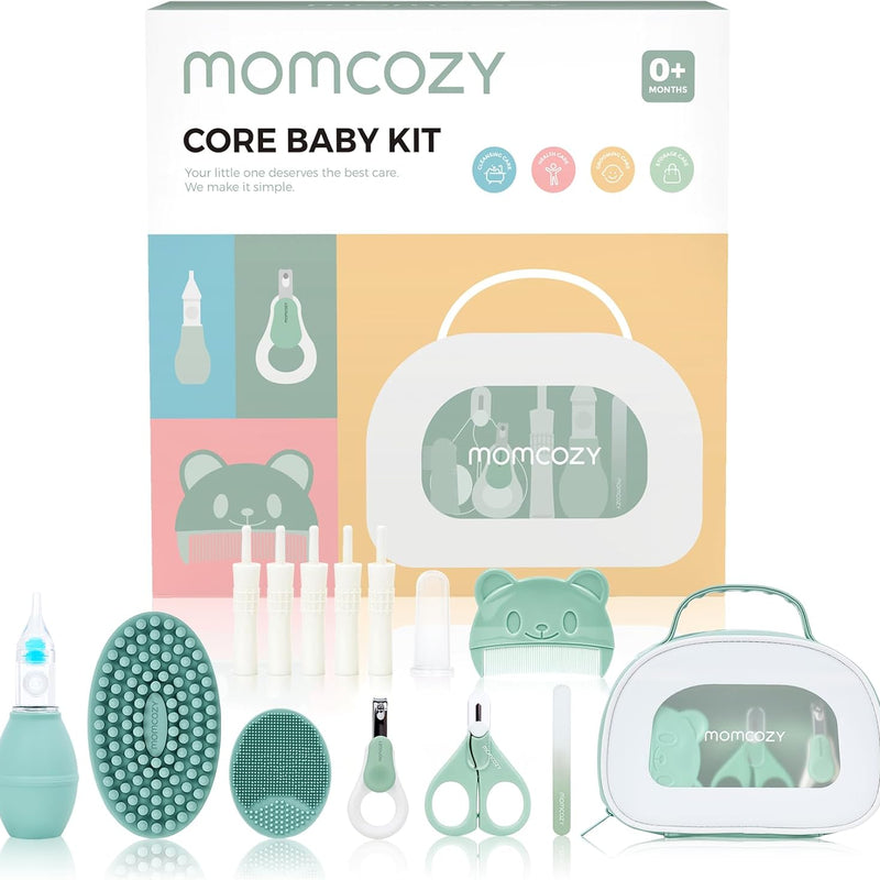 Momcozy Elite Baby Kit, Superior Baby Shower Gift & Registry Essential Kit | Grooming&Health&Cleansing Care Set,Electric Nail File & Nasal Aspirator,Tummy Wrap,Thermometer,Bath Brush,Teether,Storage Bag