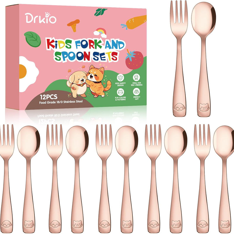 12Pcs Stainless Steel Toddler Utensils Small Metal Kids Silverware | Food-grade, Ideal Transitional Baby Forks and Spoons, Cute pattern, Designed for Children, Dishwasher Safe, Mirror Polished