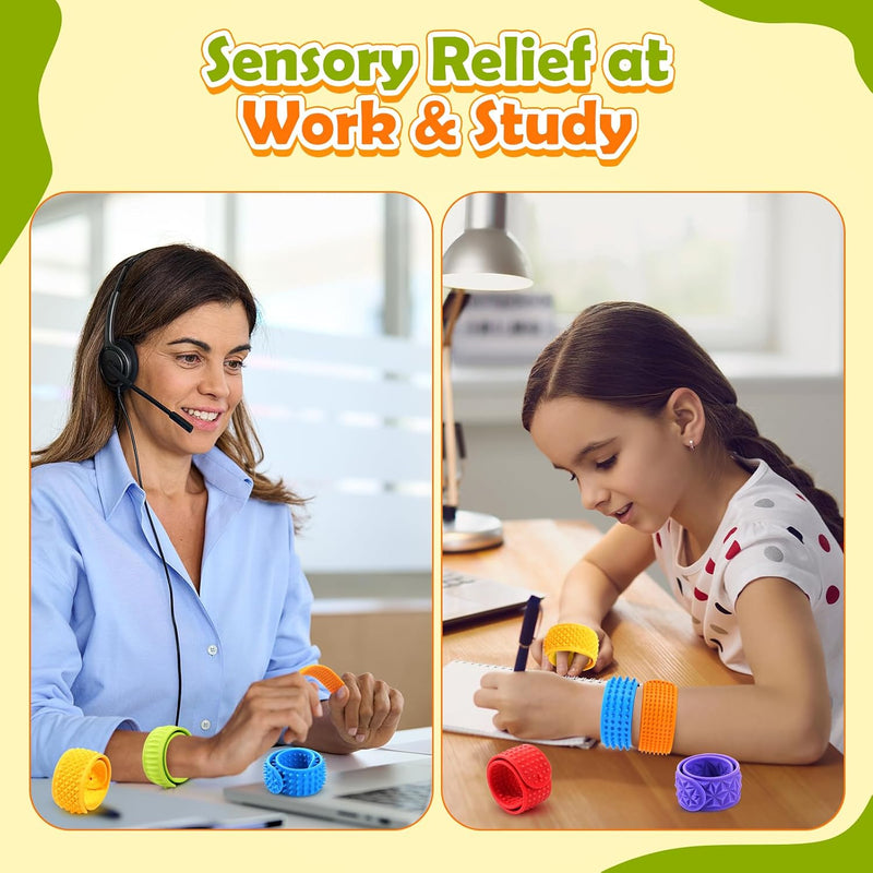 Sensory Fidget Toys for Kids: Textured Silicone Slap Bracelets 6 Pack, Stress Relief Fidgets for Autism ADHD, Wearable Sensory Toys for Adults Office Desk, Calm Down Travel Airplane Toys