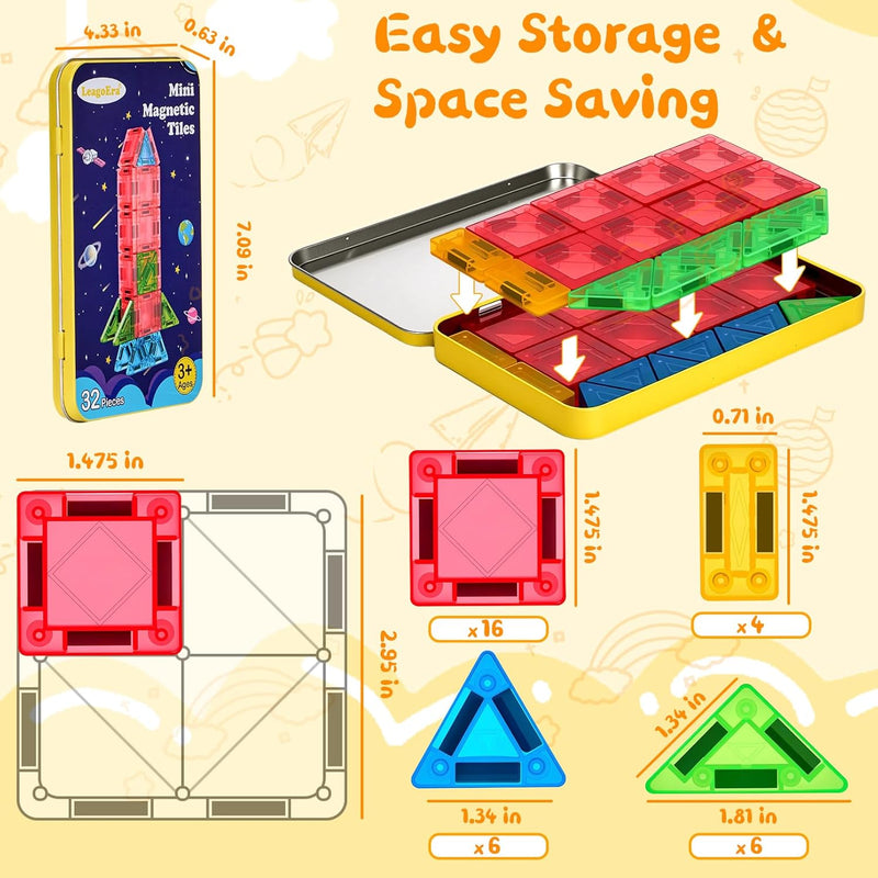 Magnetic Tiles Magnetic Blocks Building Toy: Portable Mini Magnetic Tiles Travel Set 32 Pieces Montessori Toys Birthday Gift for Kids Girls and Boys Ages 3-12 Years Old Preschool Classroom Must Haves