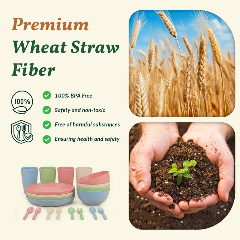 Wheat Straw Dinnerware Sets 20 PCS Cups and Plates Sets for Kitchen Microwave and Dishwasher Safe Plate Set Unbreakable Camping Dish Set Kids Plates and Bowls Sets for Picnic, RV (Multilight)