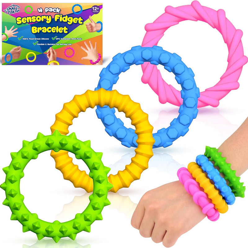 Sensory Fidget Toys Kids Toddlers - 4 Pack Chew Sensory Silicone Bracelets | Calming Autism Quiet Fidgets & Texture Stress Silent Toys for Classroom Prizes | Travel Gifts for Student Adults