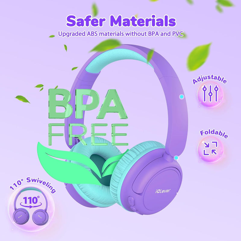iClever BTH22 Kids Bluetooth Headphones for Toddler Travel, 60H Play Time | SafeSound Tech3.0, Stereo Sound, USB C Fast Charging, AUX Cable, Kids Wireless Headphones for Girls/Boys/Tablet/PC/School