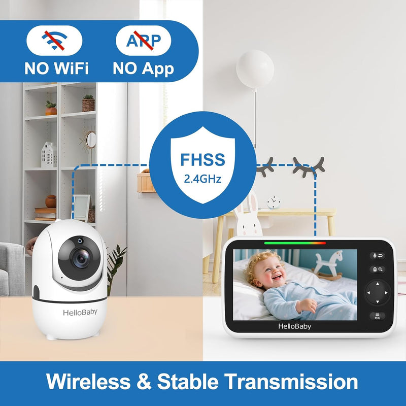 HelloBaby No WiFi Baby Monitor 5" Screen 30-Hour Battery Pan-Tilt-Zoom Video Upgrade with Camera and Audio, Night Vision, VOX, 2-Way Talk, 8 Lullabies and 1000ft Range, HB6550