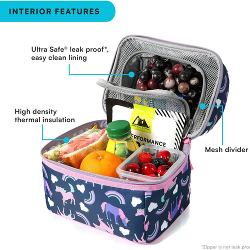 Arctic Zone Kids Lunch Box Combo with Gel Ice Pack and Sandwich Container, 2 Compartment Insulated Bucket for Travel Lunch, Unicorn Princess