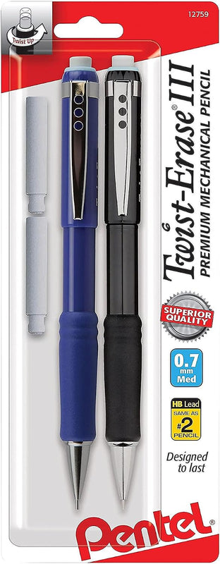Pentel Twist-Erase III Mechanical Pencil, (0.7mm), Assorted Barrel Colors with 2 Eraser Refills, Pack of 2 (QE517BP2)
