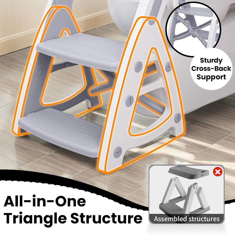 Potty Training Toilet, 2-in-1 Stable Potty Seat with Step Stool | Adjustable Seat and Step Height, Extra Wide Step, Anti-Slip Pad, Splash Guard, for Boys and Girls, Grey