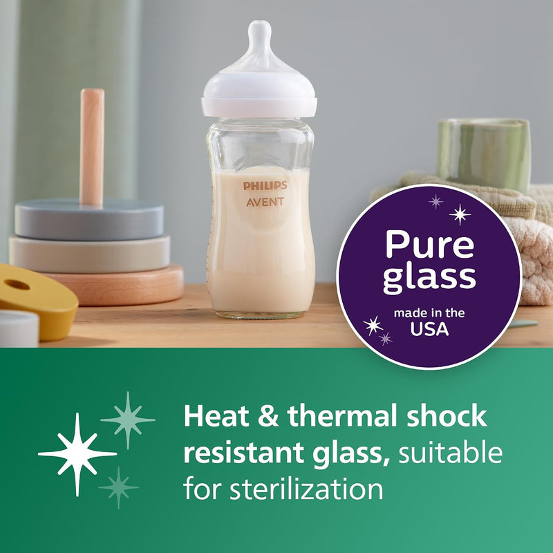 Philips Avent Glass Natural Bottle with Natural Response Nipple, Baby Gift Set, SCD858/01 | 3x 4oz & 2x 8oz Borosilicate Glass Bottles, Baby-Controlled Flow, No-Drip Design, Anti-Colic Valve, BPA-Free, SCD858/01
