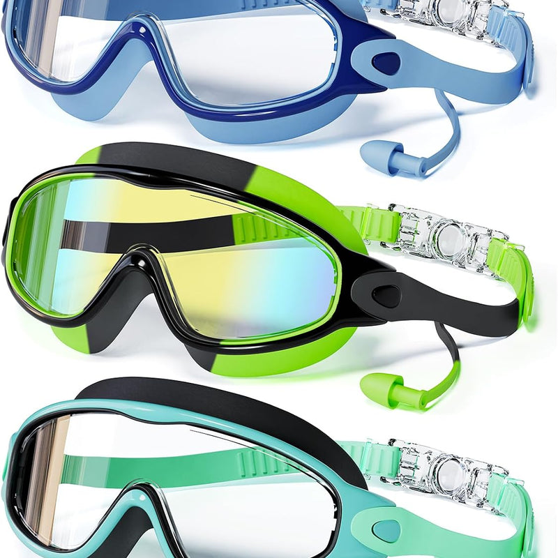 3 Pack Swimming Goggles, Kid Goggles with Earplugs Large Frame Anti-Fog/UV Wide View Swim Goggles Boys Girls 6-14