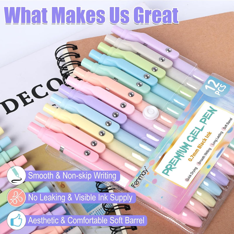 Fenmay Gel Pens, 12 Pcs Black Ink Pens 0.7mm Medium Point| Quick Dry No Smudge, Smooth Writing, Retractable Cute Aesthetic Pens for Journaling Note Taking School Office Supplies