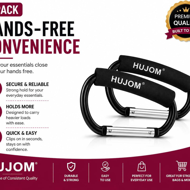Stroller Hooks 2 Pack Heavy Duty Large Carabiner Clips for Bags & Baby Gear | Universal Fit, Hang Diaper, Purse, Grocery & Shopping Bags, Mommy Accessories, Backpack, Camping, Hiking, Travel, Moms gift