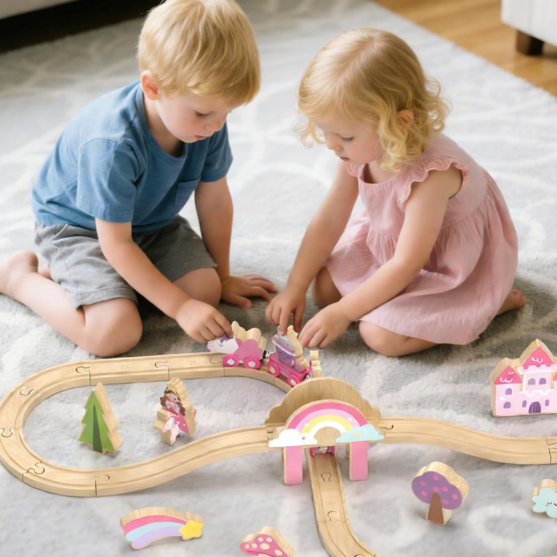 Lehoo Castle Unicorn Train Set for Toddlers 2-4, Wooden Train Track Toy for Girls