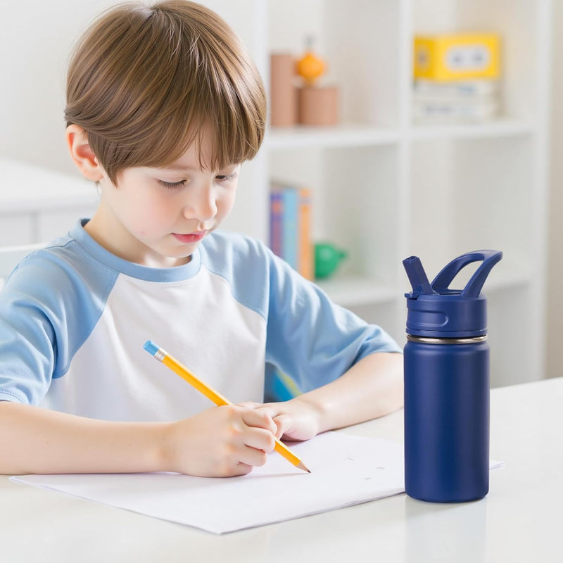 Fijinhom 12oz Kids Water Bottle for School, Toddler Water Bottles with Straws, Insulated Water Bottles for Boys&Girls, Stainless Steel Vacuum Insulated Bottle for Kids, Leak-Proof, BPA-Free, Blue