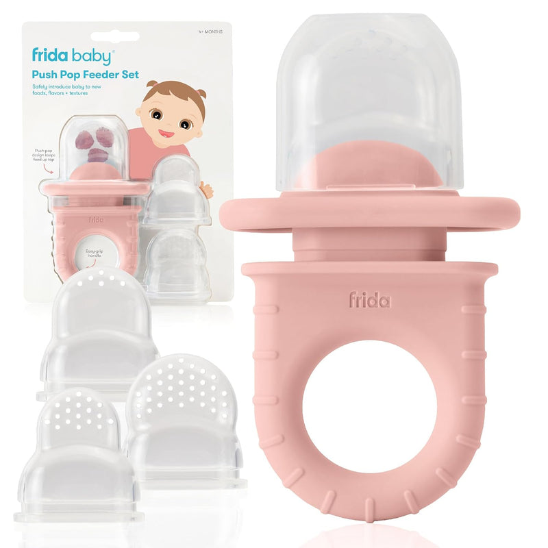 Frida Baby Push Pop Feeder, Baby Fruit Feeder, Dishwasher Safe, Pink, 3ct | Safely Introduce New Foods, Fresh + Frozen, Silicone, BPA Free, Dishwasher Safe