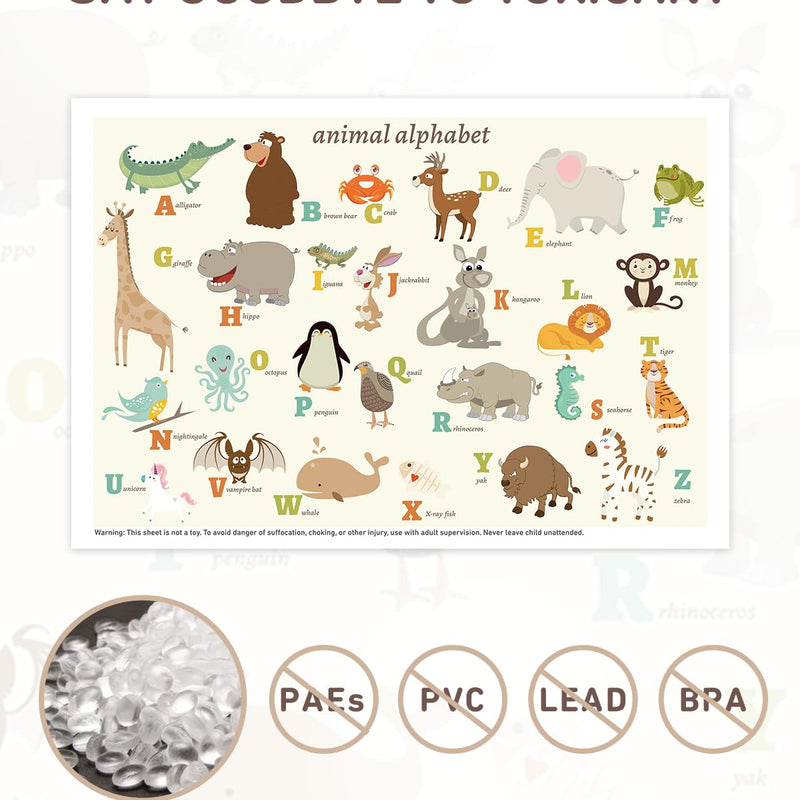 Babebay Disposable Stick-on Placemats 40 Pack for Baby & Kids & Toddler, Sticky Placemats Restaurant Table Mats 12" x 18" (Animal Alphabet)