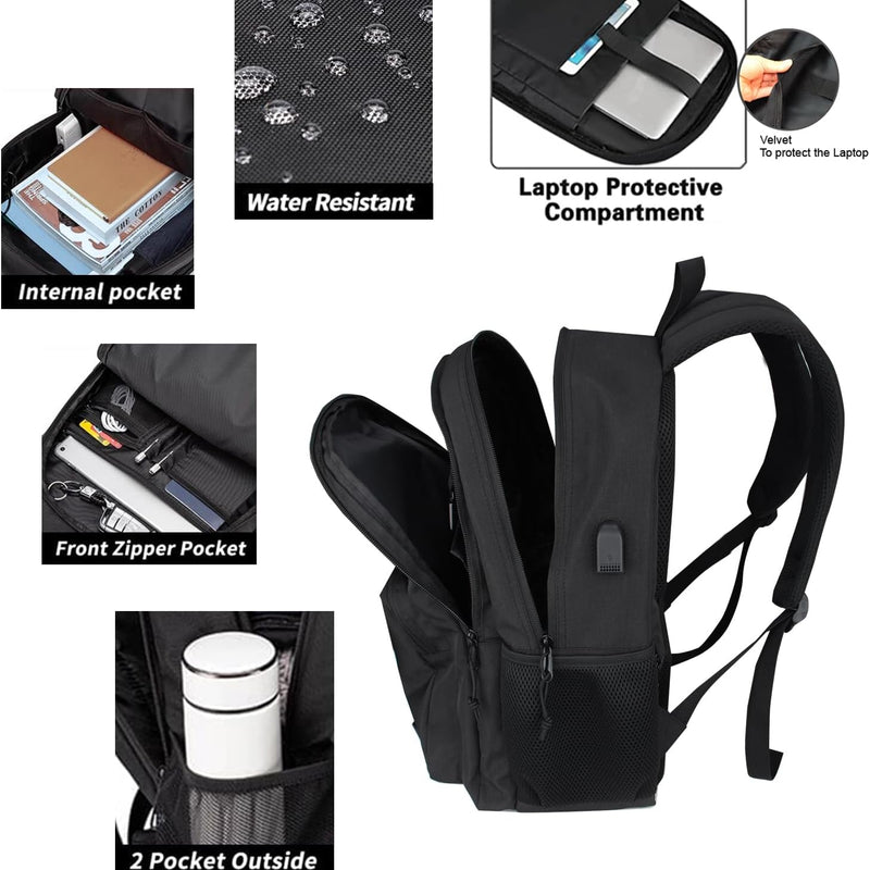 KEOFID Travel backpack for Men and Women, Anti Theft Laptop Backpack with USB Charging Port for Work, Large Bag for College, Carry-on Backpack with Luggage Strap, Water Resistent(Black)