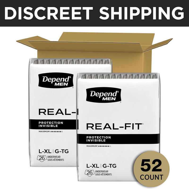 Depend Real Fit Adult Diapers, Incontinence Underwear for Men, Disposable, Maximum Absorbency, Large/Extra Large, 52 Count (2 Packs of 26), Packaging May Vary