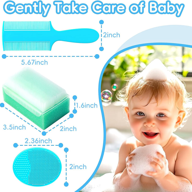 Cradle Cap Brush for Babies, Set of 5 Baby Bath Essentials with Bath Sponge Silicone Scrubber Long Handle Comb for Newborns Toddlers Boys Girls (Green)
