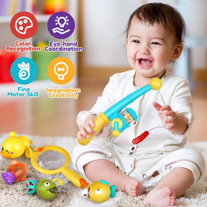 Magnetic Fishing Bath Toys for Toddlers 1-3 | Floating Wind-Up Duck, Fishing Rod & Net, Pool & Bathtub Fun