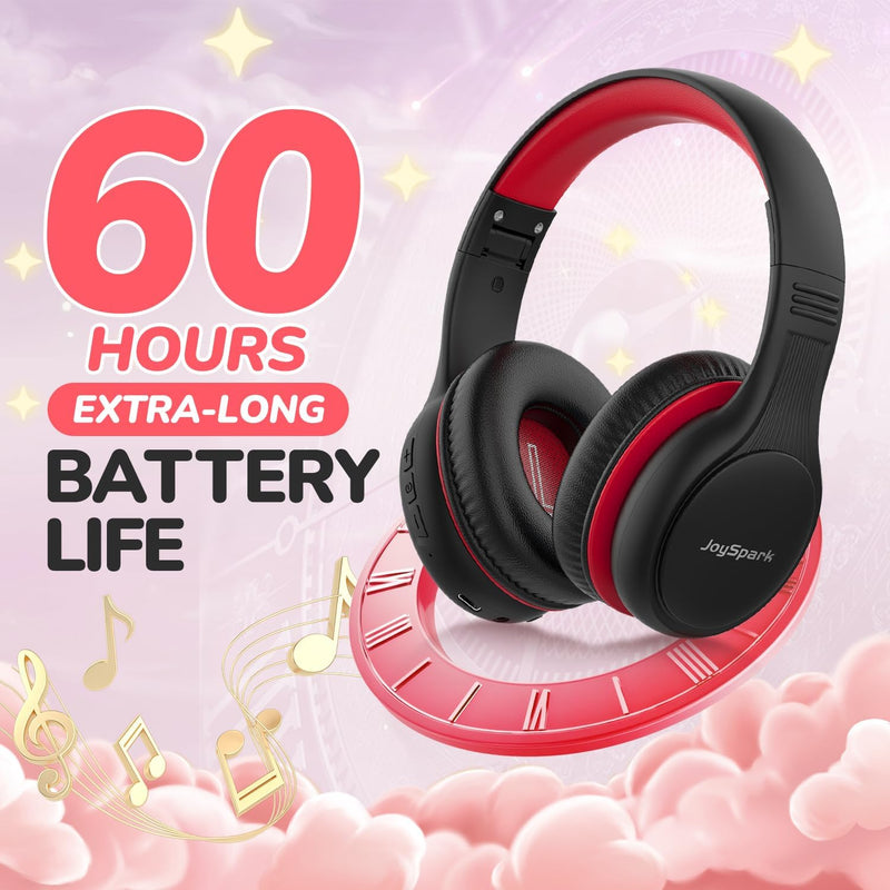 JoySpark Kids Bluetooth Headphones, 60 Hours Playtime, Bluetooth 5.4 Kids Headphones Wireless, Type-C Fast Charging, 85/94dB Volume Limited, Foldable Toddler Wireless Headsets with Mic-Black Red