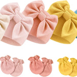 BQUBO Newborn Baby Girls Hats Mittens Set Hospital Hat Beanie Infant Bow Hats Baby Cotton Gloves for 0-6 Months