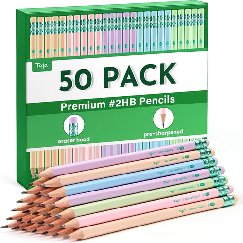Taja 50 Pack Wood-Cased #2 HB Pencils, Bulk Pre-Sharpened Pencils with Top Erasers, Perfect for School & Classroom Writing and Drawing - Macaron