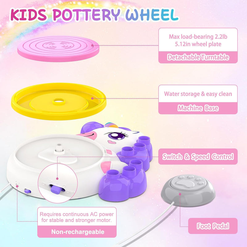 Pottery Wheel for Kids, Unicorn Craft Kit Arts and Crafts for Kid Ages 6-12 | Complete Pottery Painting Kit with Clay, Art Supplies Kids Toys Girls Birthday Christmas Gift for 6 7 8 9 10 11 12+, Purple