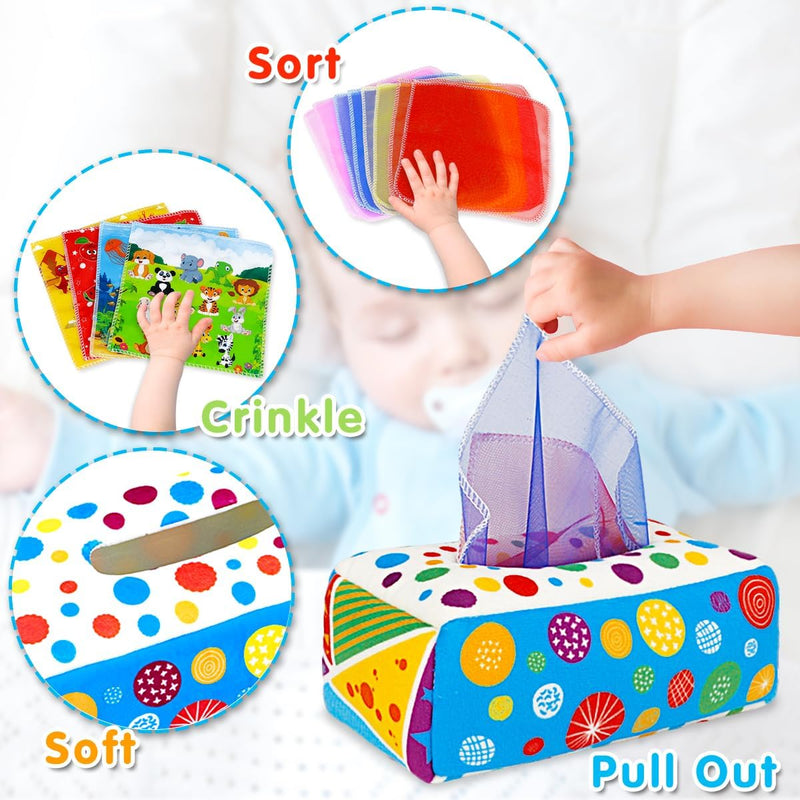 Baby Toys 6-12 Months: Baby Tissue Box 6 Month Old Montessori Toy | Pulling Play Scarf Soft Box with Crinkle Paper - Infant Sensory Toy for Babies 7 8 9 10 Month Old 1st Birthday Boy Girl Gifts