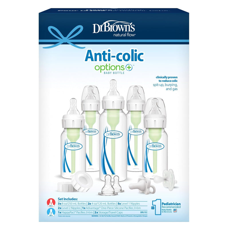 Dr. Brown's Natural Flow Anti-Colic Options+ Narrow Baby Bottle Gift Set with Advantage Pacifier & Bottle Travel Caps, 0m+