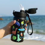 GOPPUS Kids Water Bottle (Straw Lid) - 14 Oz Stainless Steel Travel Bottle, Double Wall Vacuum Leak Proof Kids Cup for School Boys Girls,Space dinosaur