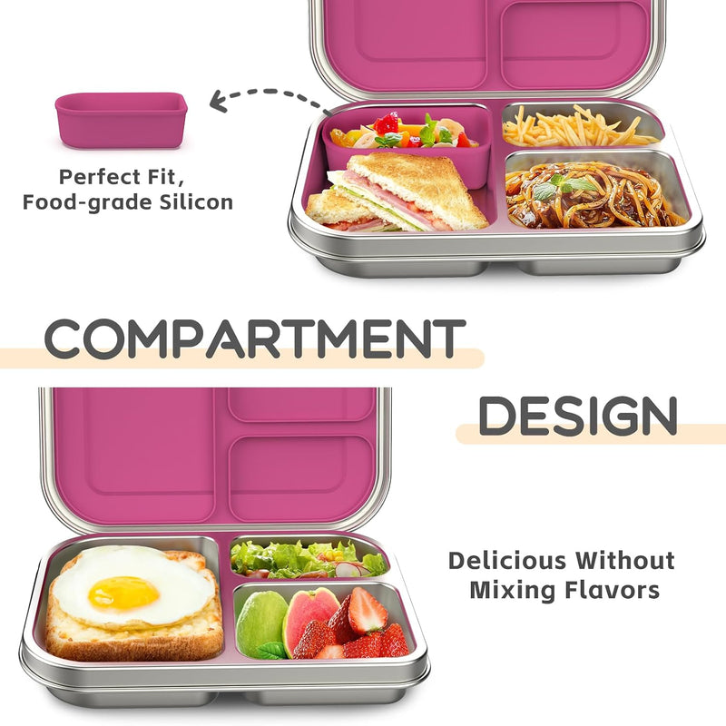 BOSEDSANG Stainless Steel Kids Leak-Resistant Bento Lunch Box, 3-Compartments with Silicone Container, Dishwasher-Safe, Child-Friendly Design for School, Picnics & Travel,BPA-Free(Pink)