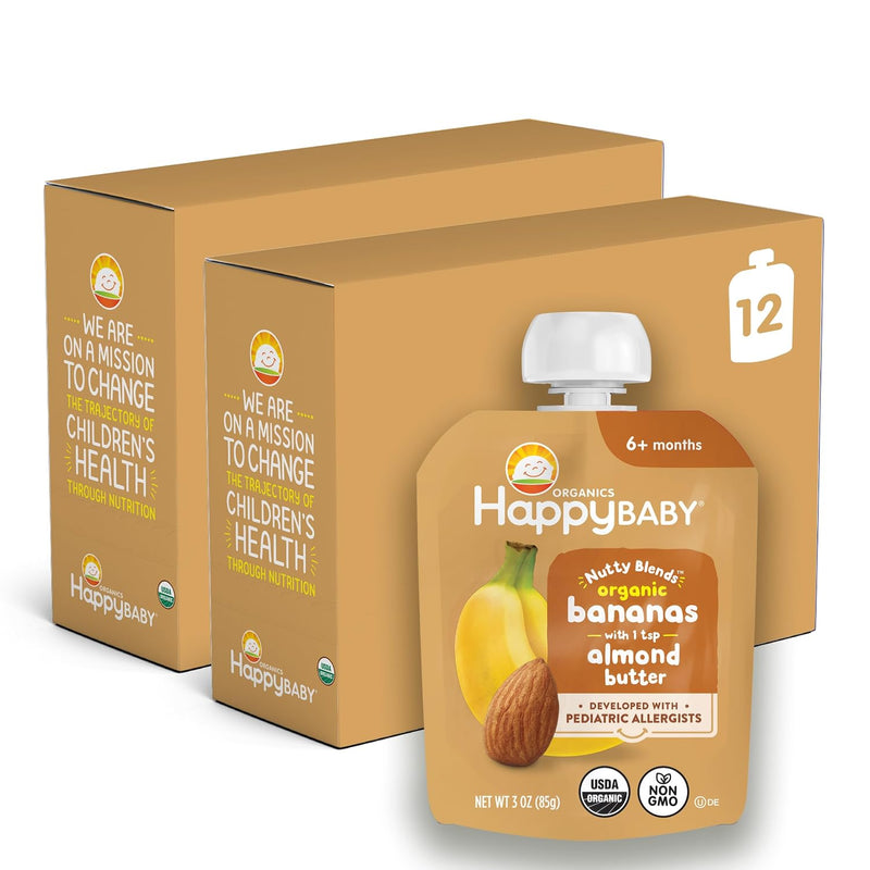 Happy Baby Organics Nutty Blends Stage 2, Bananas & Peanut Butter Organic Baby Food, Pack of 12 (3 oz each)