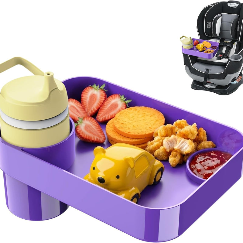 Car Seat Snack Tray for Toddlers - 3 Inch Cup Holder Fits Most Sippy Cups & Straw Bottles with Dip Well, Mess-Free Square Kids Travel Tray Road Trip Essentials, Black