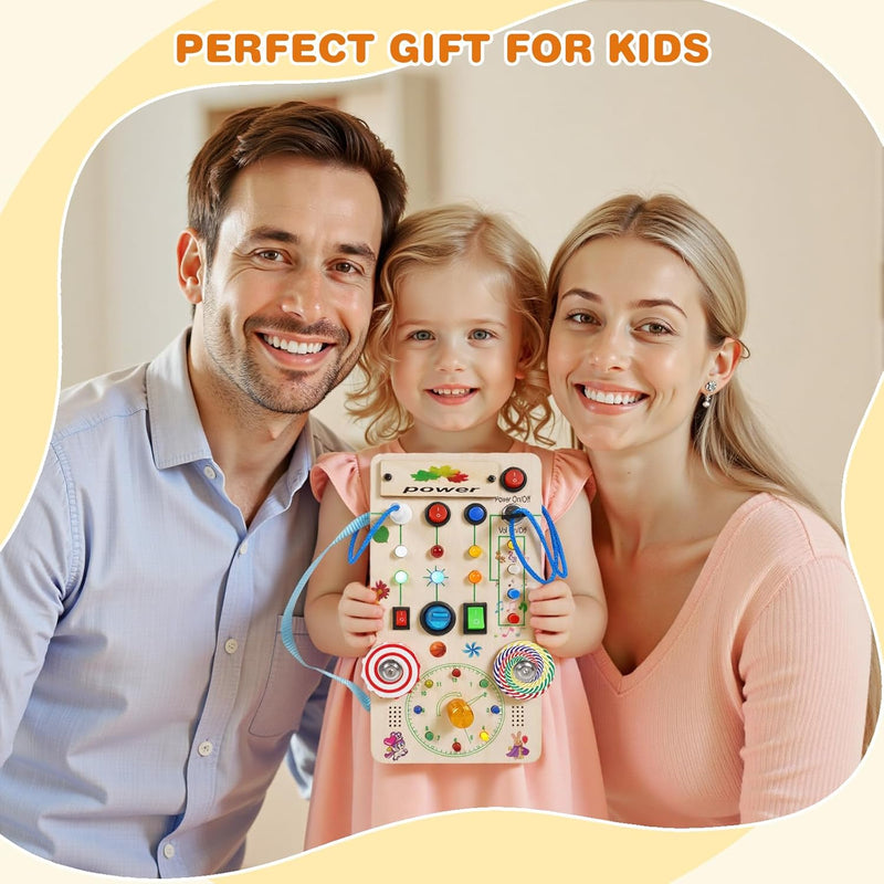 Montessori Wooden Busy Board with LED Lights, Music & Spinning Top for Toddler Sensory Development