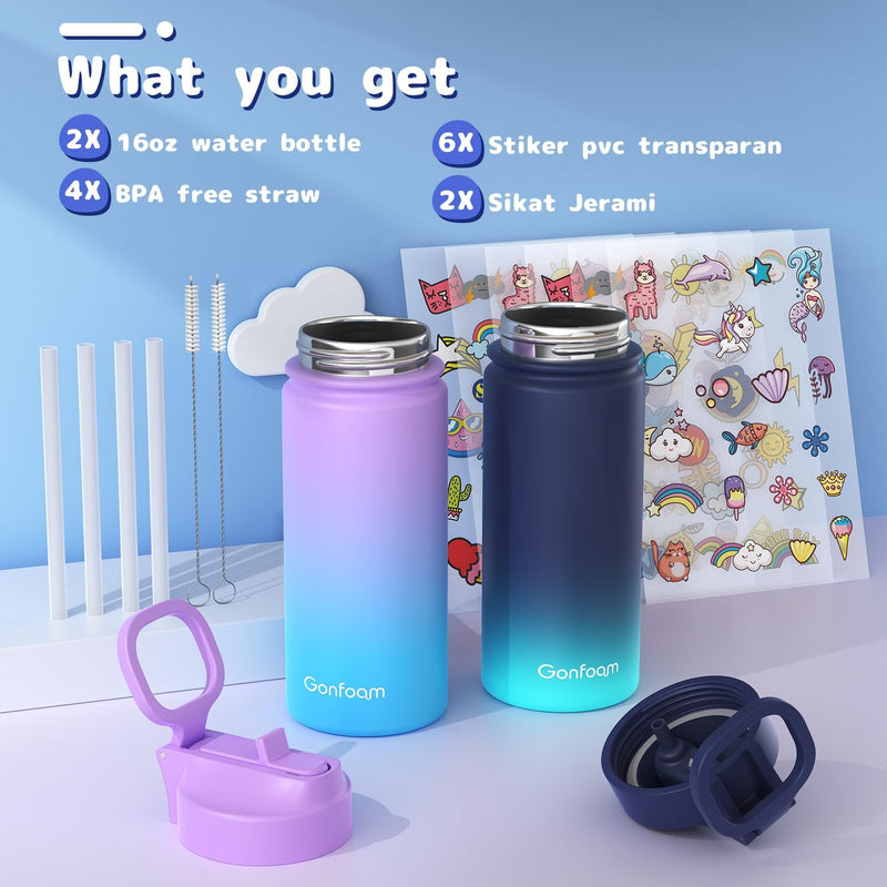 Gonfoam 16oz Kids Stainless Steel Insulated Water Bottle, 2 Pack | DIY Stickers, BPA-free, Leak-proof, Sturdy, Keeps Cold 24h, Easy to Carry, Easy to Clean, Back to School, Gifts