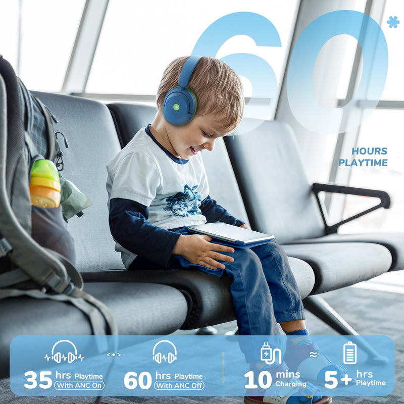 iClever BTH20 Active Noise Cancelling Headphones for Kids, 60H Battery, Type-C Fast Charging, Safe 80dBA Volume