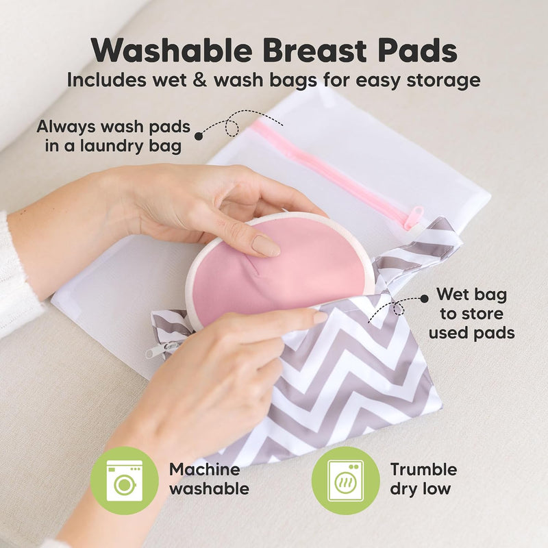 Organic Nursing Pads, 14 Washable Breast Pads,Wash Bag (Pastel Touch, L 5") | Viscose Derived from Bamboo, Breast Pads for Breastfeeding, Reusable Nipple Covers, Breastfeeding Essentials, Soft, Absorbent
