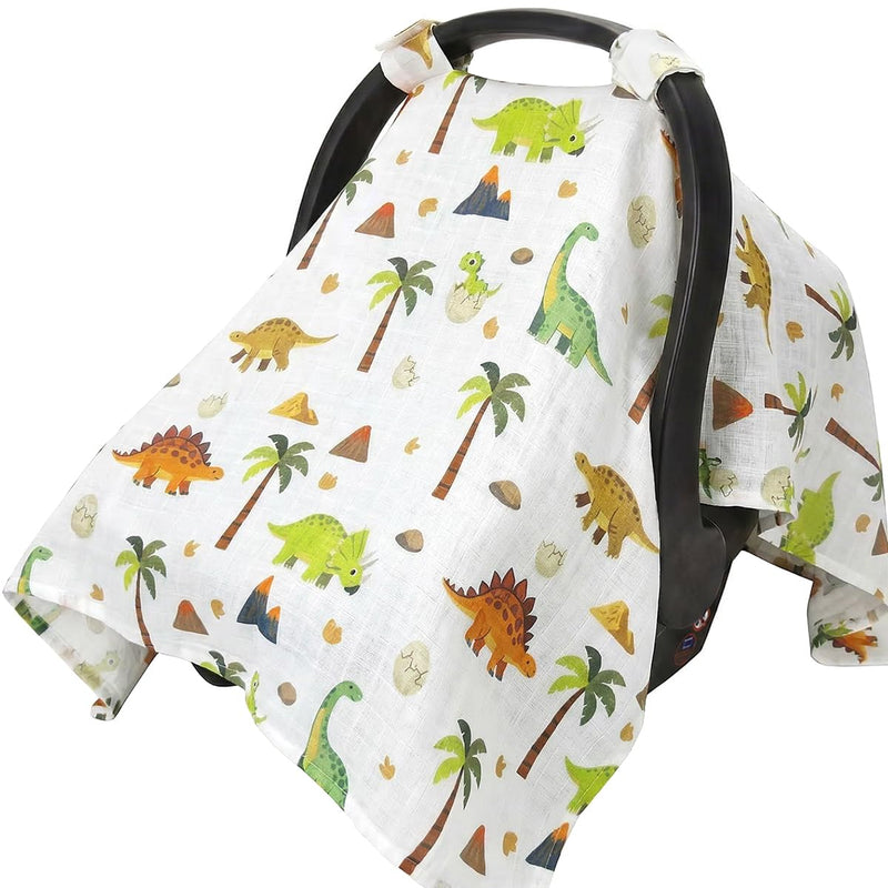 Rquite Car Seat Cover Baby Boy, Breathable Muslin Infant Carseat Canopy | 100% Muslin Cotton, Lightweight Breathable Soft, 47.2″ × 35.4″ Large Size, Stroller Sun Shade for Summer Hot Day, Dinosaur