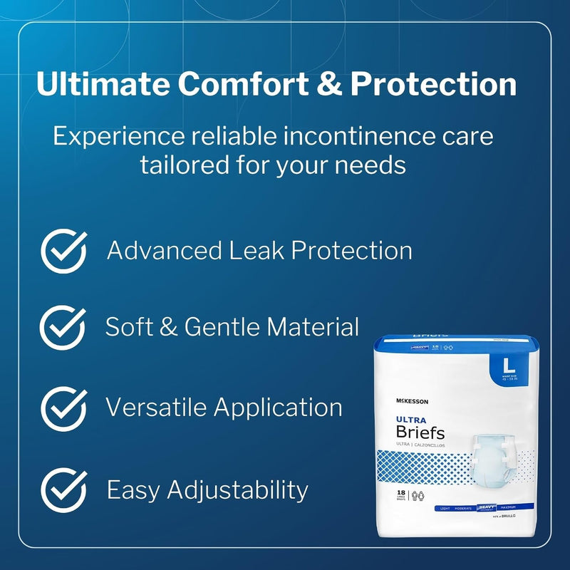 McKesson Ultra Briefs, Heavy Absorbency, Large, Unisex, 58 in, 72 ct | Disposable, Elastic Leg Gathers and Contoured Fit for Men and Women, Incontinence