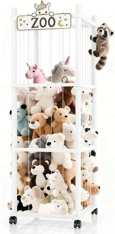 Stuffed Animal Storage Zoo Tower,56In Wooden Large Stuffed Animal Holder Organizer with Wheels,Stuffy Plushies Storage with Elastic Band&Mesh Bottom,Toy Storage Organizers for Playroom Bedroom Nursery
