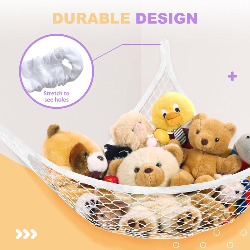 Lazebox Stuffed Animal Net Hammock for Plushie Toys, Stuffed Animal Hammock Corner for Kids' Room Decor, Ideas for Organizing Stuffy Collection, White, L (67" x 40" x 40")-Pack of 1