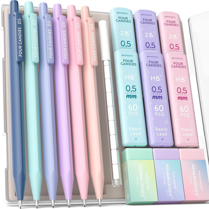 Four Candies Cute Mechanical Pencil Set, 0.7mm Medium Point, 6-Count Pack | 360 HB/2B Leads, 3 Erasers, 9 Eraser Refills, Storage Case, Triangular Grip, for Everyday Homework & Journal