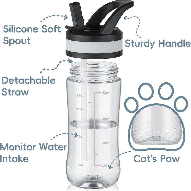 14oz Clear Kids Water Bottle with Straw Lid, BPA-Free Tritan, Measurement Scale, Sturdy Handle Wide Mouth Leak-proof Reusable Plastic Bottle for Boy& Girls, Back to School（Clear）