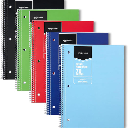 Amazon Basics Wide Ruled Spiral Notebook, For Work and School, 70 Sheets, 8" x 10.5", Assorted Solid Colors, 5 pack