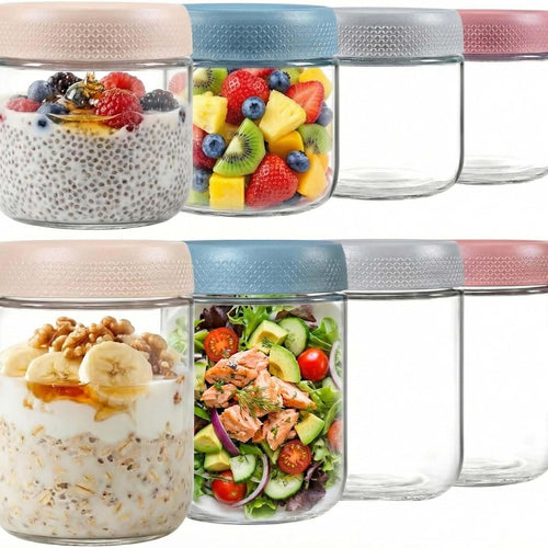 Glass Meal Prep Jar Set, 8 Pack Overnight Oats Containers with Lids | Food Storage for Snacks, Yogurt, Spice, Salad, Chia Seed Pudding Jars, Wide Mouth Mason Jars with Airtight Lids, 16oz 10oz