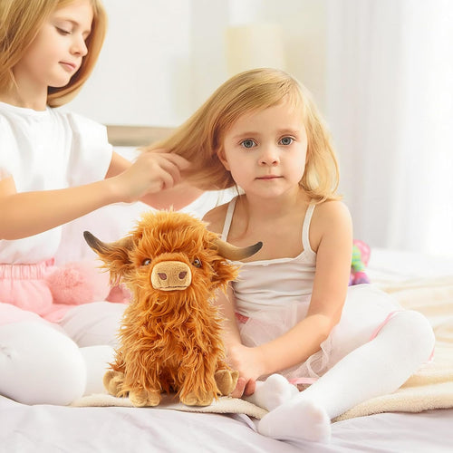 Highland Cow Stuffed Animal Toy, Adorable Highland Cow Plush, Scottish Cow Plush Toy, Farm Animal Cattle Plush Decor Gifts for Kids Baby Girls Boys (Brown Cow)