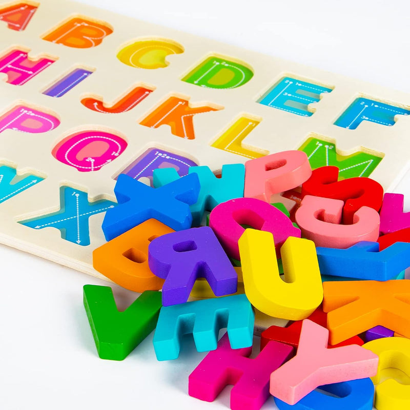 Attmu wooden alphabet puzzles for toddlers, shape ABC puzzle, preschool educational toys gift for girls and boys