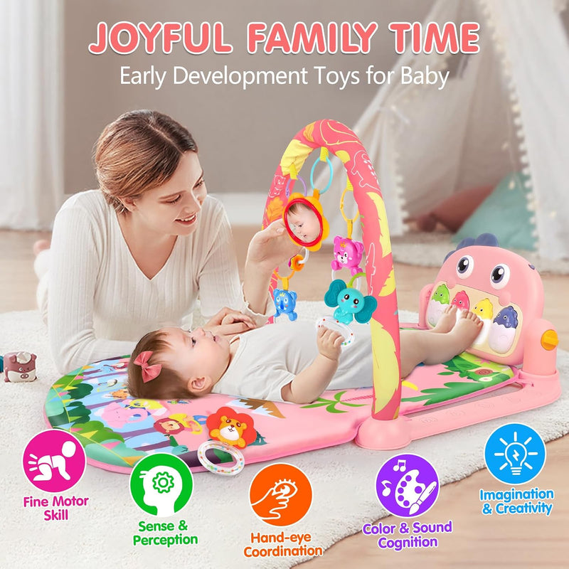 UMIKU Baby Play Mat Tummy Time Mat Gym Girl Activity Center, Pink Dinosaur | Play Mat For Babies Gifts Girl 0-6 6-12 Month, Music & Light Piano Play Gym Newborn Infant Gift, Baby Girl Newborn Essentials