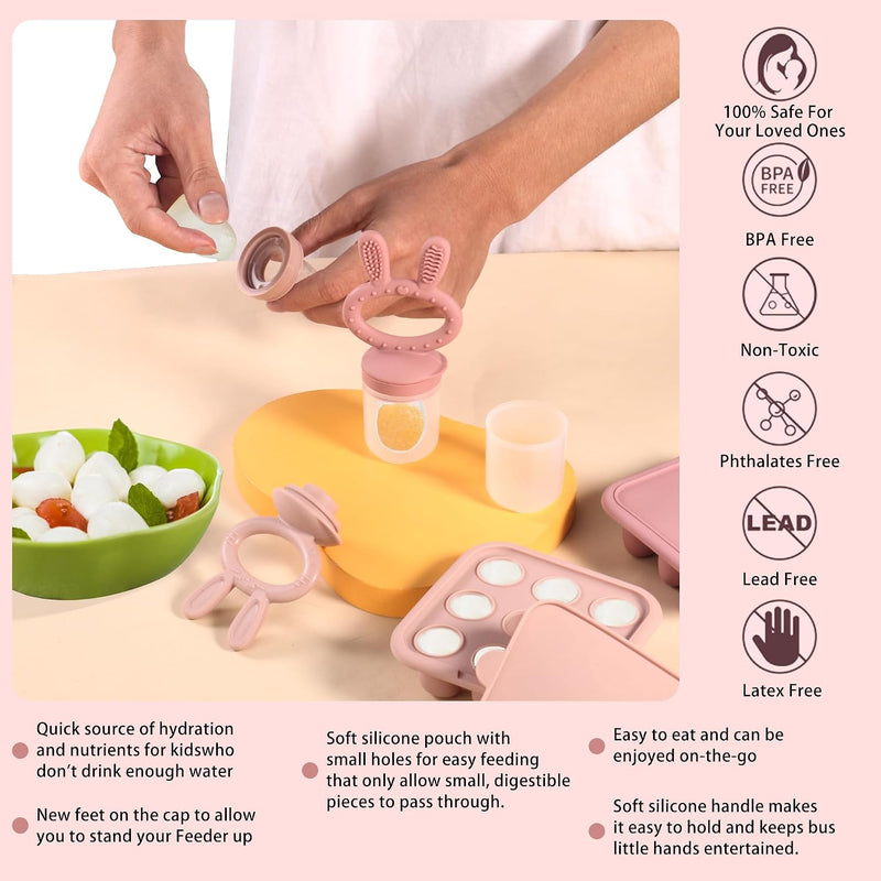 Baby Breastmilk Popsicle Molds & Baby Fruit Feeder (4 Pack), Infant Food Freezer Tray Storage Containers, Silicone Teething Pacifier Feeder and Teether for Babies（Pink&Purple）